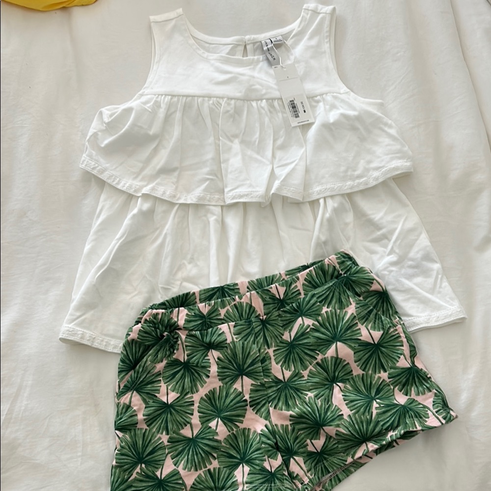 White Ruffle Top and Green Leaf Shorts Set